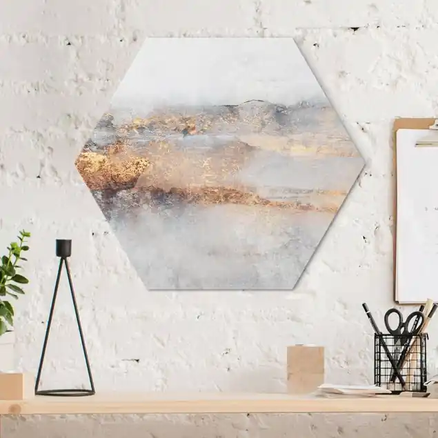 Neu Gold-Grauer Nebel Hexagon-Alu-Dibond Bild