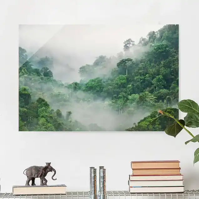 Dschungel im Nebel Glasbild - Querformat Schneller Versand