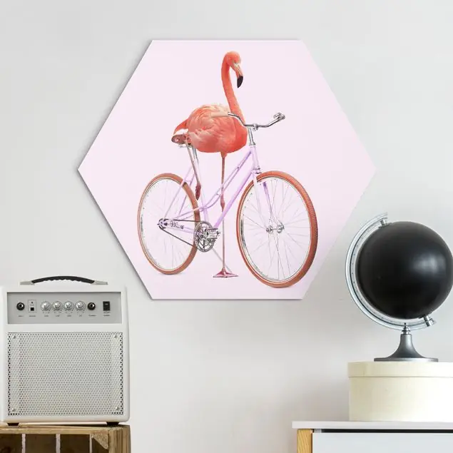 Super-Preis Flamingo mit Fahrrad Hexagon-Alu-Dibond Bild
