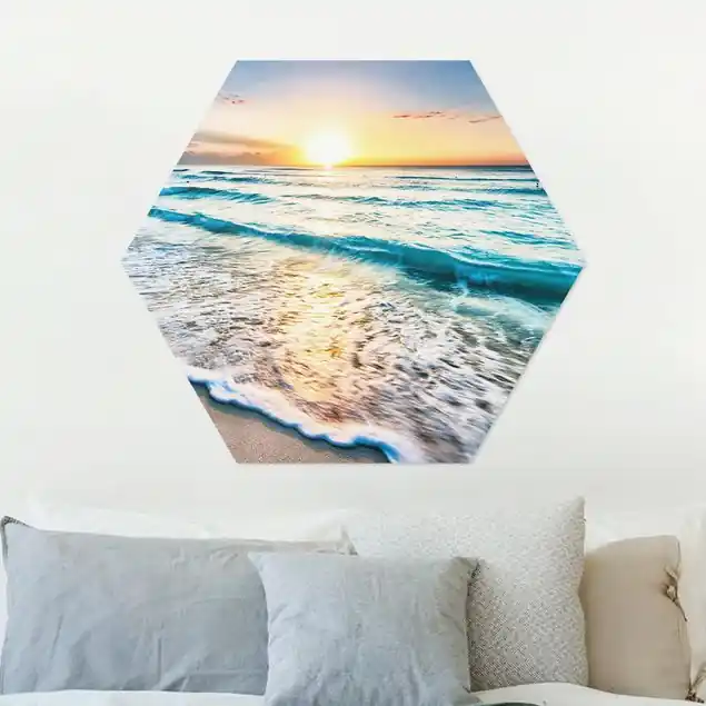 Sonnenuntergang am Strand Hexagon-Alu-Dibond Bild Top-Angebot
