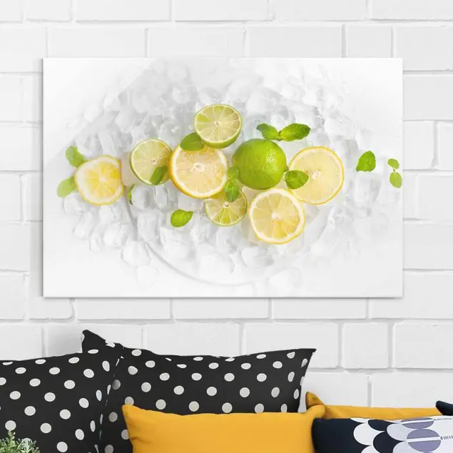 Direktkauf Zitrusfrüchte auf Eiswürfel Glasbild - Querformat