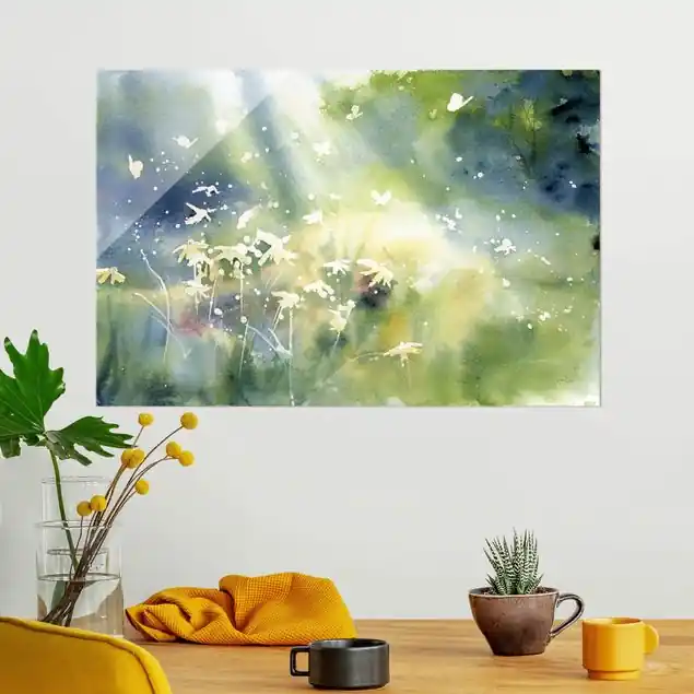 Rabatt Schmetterlinge, Licht und Blumen Glasbild