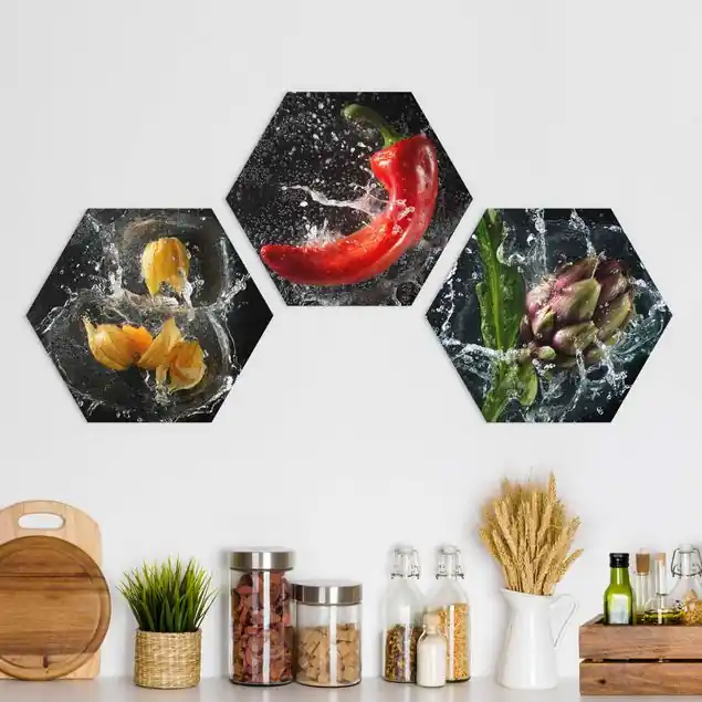 Paprika Artischocke Physalis Splash 3-teiliges Hexagon-Alu-Dibond Bild Nur Für Kurze Zeit