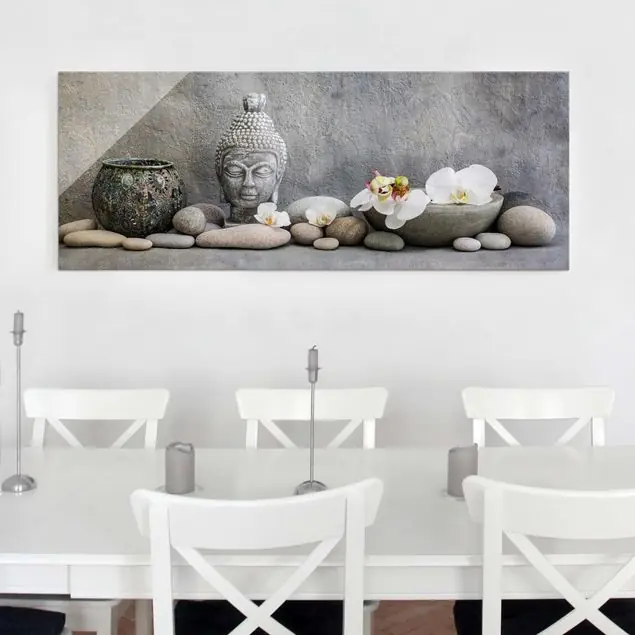 Zen Buddha mit weißen Orchideen Glasbild Markenprodukt