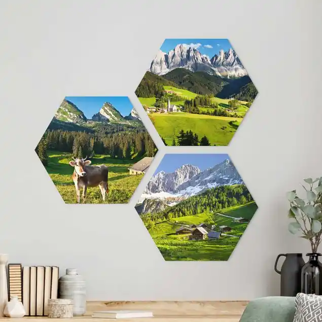 Jetzt Bestellen Almwiesen 3-teiliges Hexagon-Alu-Dibond Bild