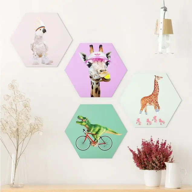 Top-Seller Giraffen Dino Kakadu Sport Set II 4-teiliges Hexagon-Alu-Dibond Bild