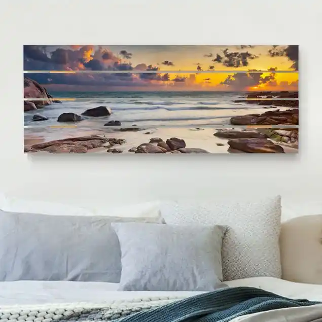 Top-Angebot Strand Sonnenaufgang in Thailand Holzbild Plankenoptik - Panorama