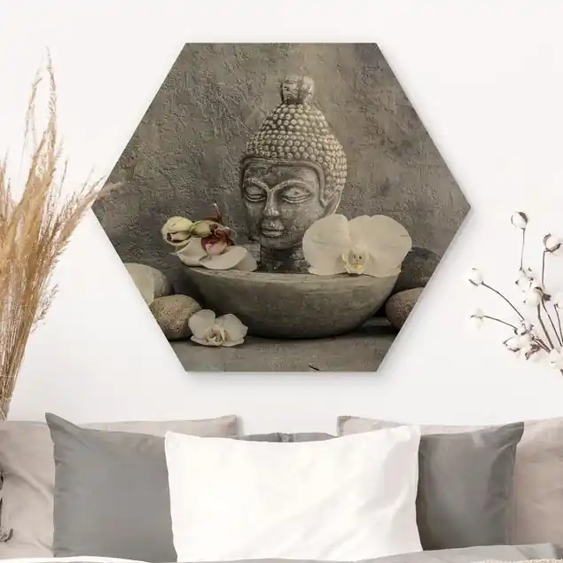 Zen Buddha, Orchideen und Steine Hexagon-Holzbild Preis Gesenkt