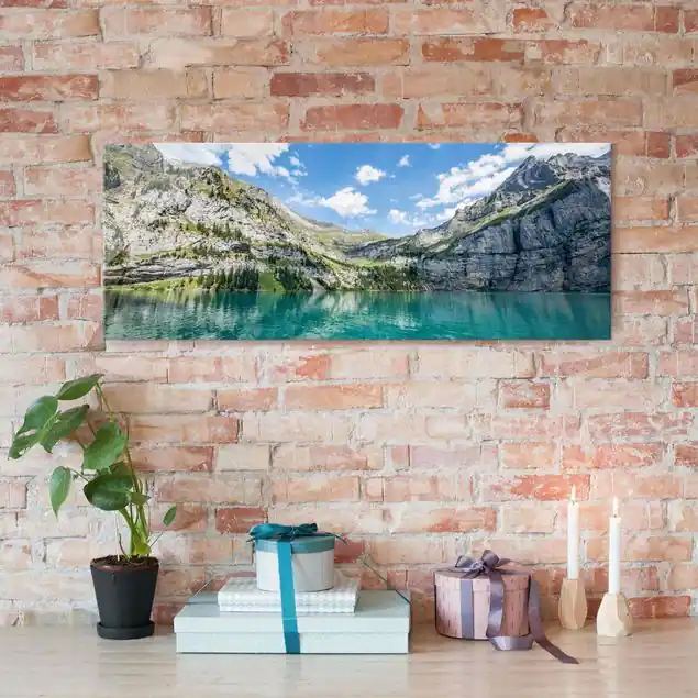 Traumhafter Bergsee Glasbild Schnäppchen
