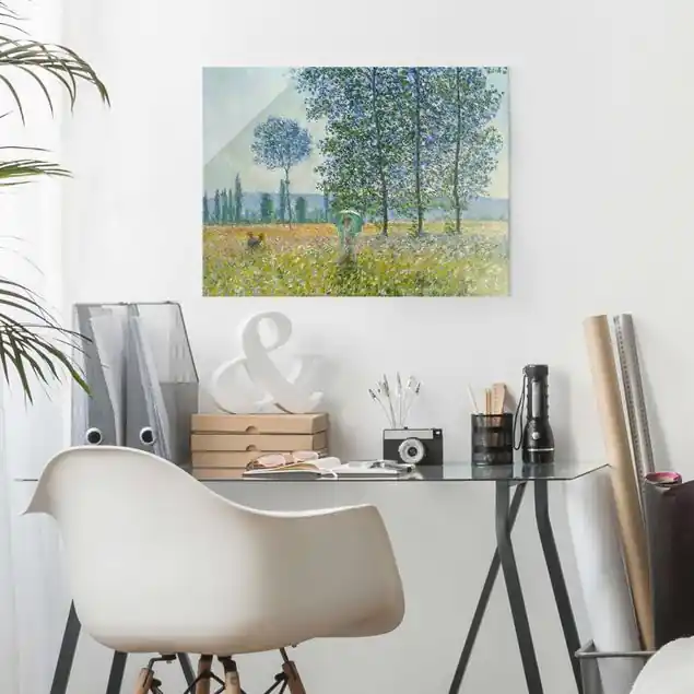 Claude Monet - Felder im Frühling Glasbild - Querformat Aktuell