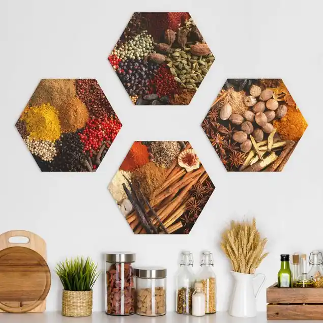 Preisreduziert Exotische Gewürze 4-teiliges Hexagon-Alu-Dibond Bild