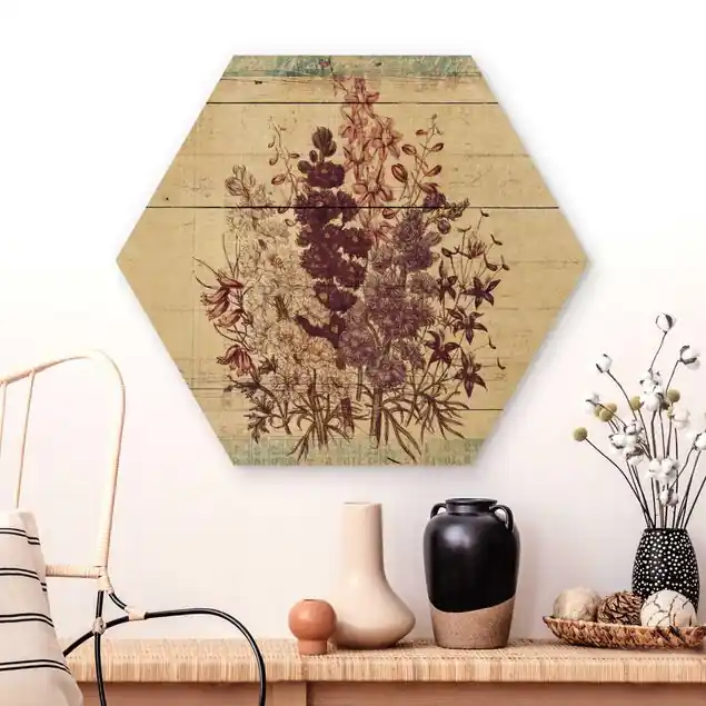 Begrenztes Angebot Botanischer Vintage Strauss Hexagon-Holzbild