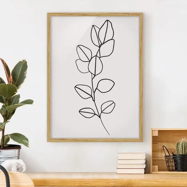 Must-Have Line Art Zweig Blätter Schwarz Weiß Bild mit Rahmen in Manufakturqualität • Eiche naturbelassen • inkl. Rahmung von Hand • Made in Germany