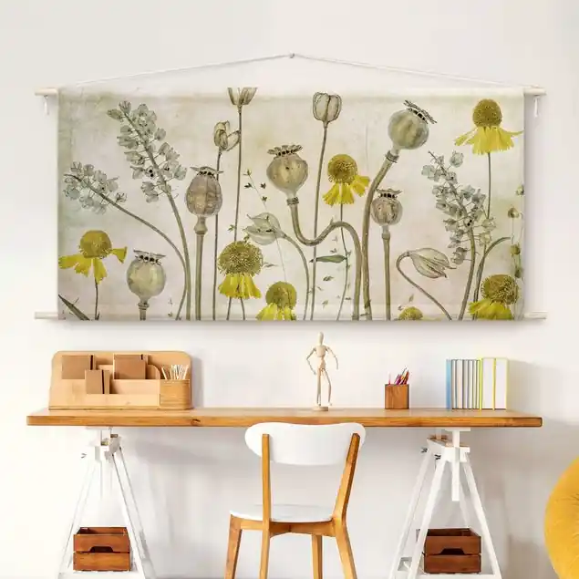Heißes Angebot Mohn und Helenium Wandteppich • Handarbeit aus Deutschland • inkl. Rundhölzer & Baumwollseil • lösemittelfrei • natürliche Raumwirkung