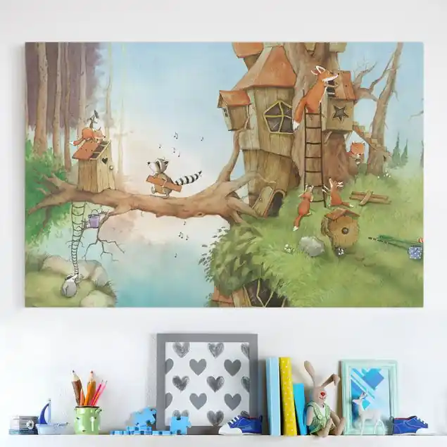 Kostenloser Rückversand Wassili Waschbär - Wassili und Familie Fuchs Leinwandbild • hergestellt in Deutschland • langlebiges Canvas mit Holzkeilrahmen • klassische Struktur • 260 g/m²