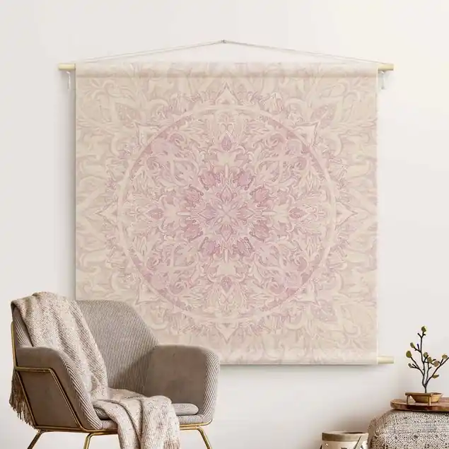 Mandala Aquarell Ornament rosa Wandteppich • Handarbeit aus Deutschland • inkl. Rundhölzer & Baumwollseil • lösemittelfrei • natürliche Raumwirkung Expressversand