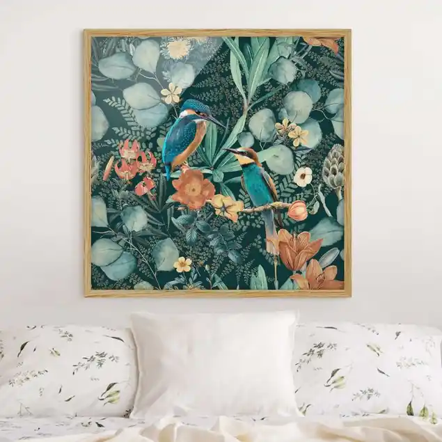 Blumenparadies Eisvogel und Kolibri Bild mit Rahmen in Manufakturqualität • Eiche naturbelassen • inkl. Rahmung von Hand • Made in Germany Kostenfreie Lieferung