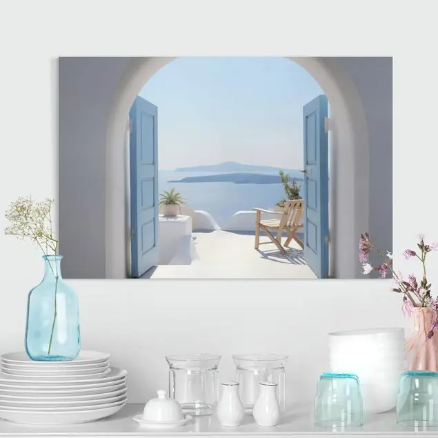 Top-Seller Santorini Blick über das Meer Leinwandbild • hergestellt in Deutschland • langlebiges Canvas mit Holzkeilrahmen • klassische Struktur • 260 g/m²