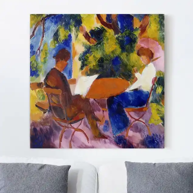August Macke - Paar am Gartentisch Leinwandbild • hergestellt in Deutschland • langlebiges Canvas mit Holzkeilrahmen • klassische Struktur • 260 g/m² Sonderangebot