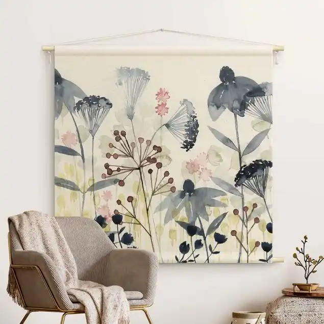 Geprüft Wildblumen Aquarell I Wandteppich • Handarbeit aus Deutschland • inkl. Rundhölzer & Baumwollseil • lösemittelfrei • natürliche Raumwirkung