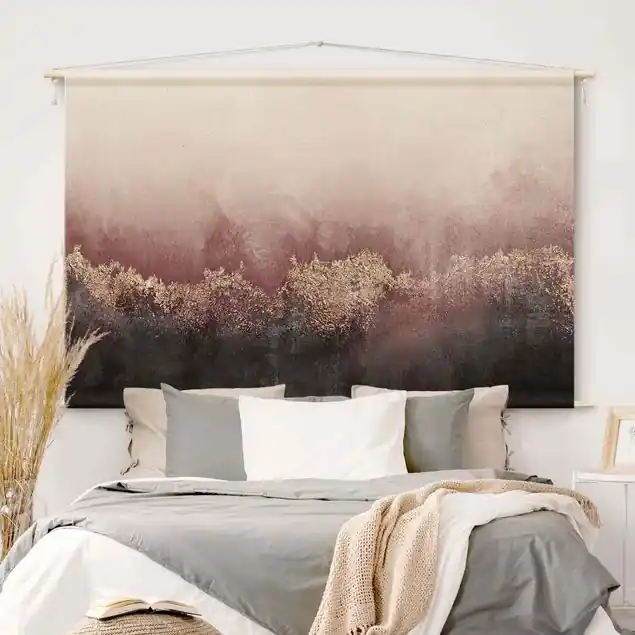 Goldene Dämmerung Rosa Wandteppich • Handarbeit aus Deutschland • inkl. Rundhölzer & Baumwollseil • lösemittelfrei • natürliche Raumwirkung Garantierte Lieferung