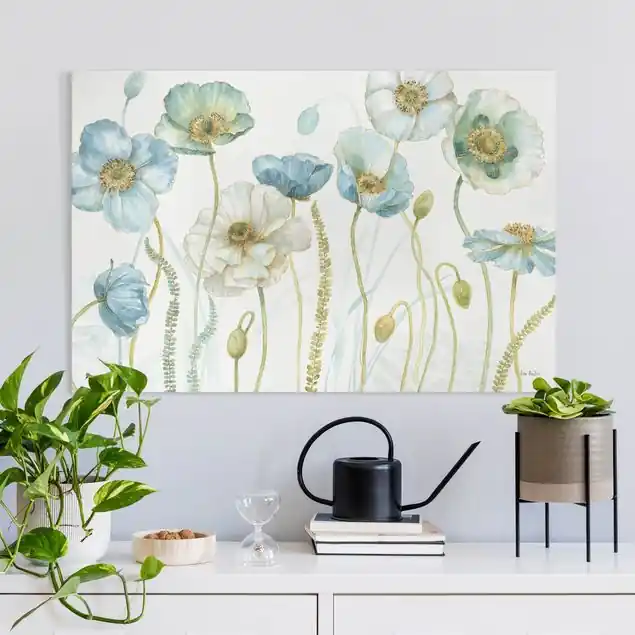 Blüten in Gold und Blau Leinwandbild • hergestellt in Deutschland • langlebiges Canvas mit Holzkeilrahmen • klassische Struktur • 260 g/m² Echt
