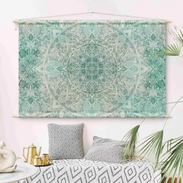 Beliebt Mandala Aquarell Ornament Muster Türkis Wandteppich • Handarbeit aus Deutschland • inkl. Rundhölzer & Baumwollseil • lösemittelfrei • natürliche Raumwirkung