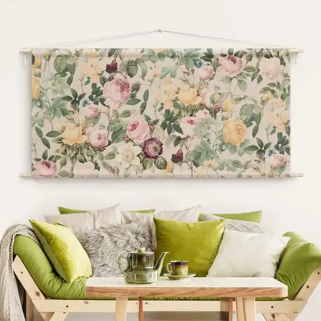Vintage Blumen Illustration XXL Wandteppich • Handarbeit aus Deutschland • inkl. Rundhölzer & Baumwollseil • lösemittelfrei • natürliche Raumwirkung Saisonangebot
