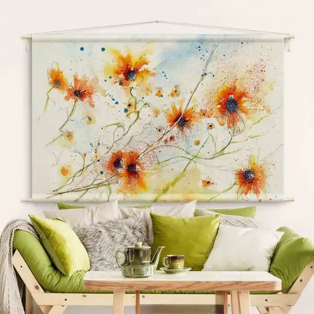 Neu Painted Flowers Wandteppich • Handarbeit aus Deutschland • inkl. Rundhölzer & Baumwollseil • lösemittelfrei • natürliche Raumwirkung