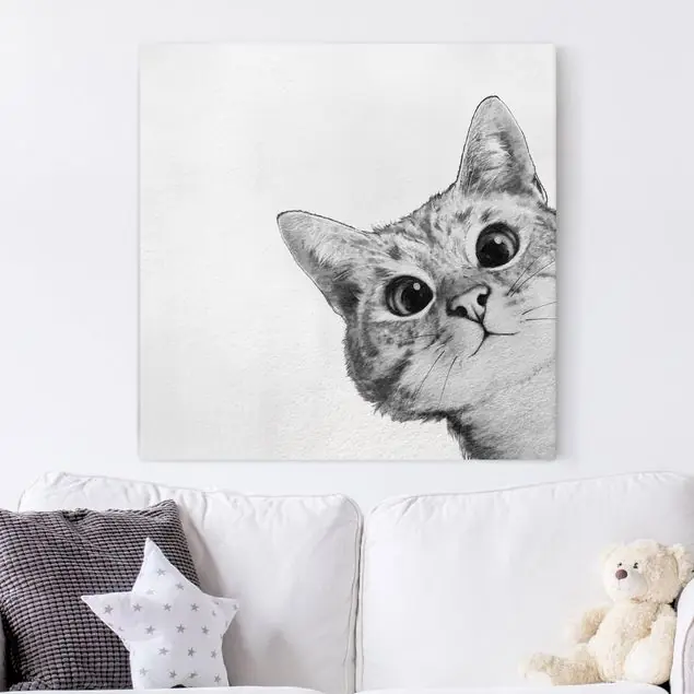 Illustration Katze Zeichnung Schwarz Weiß Leinwandbild • hergestellt in Deutschland • langlebiges Canvas mit Holzkeilrahmen • klassische Struktur • 260 g/m² Billig
