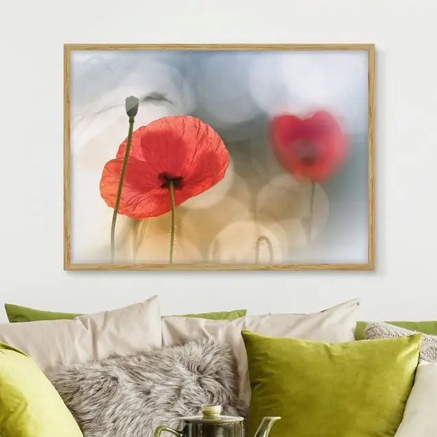 Kostenloser Versand Mohnblumen am Morgen Bild mit Rahmen in Manufakturqualität • Eiche naturbelassen • inkl. Rahmung von Hand • Made in Germany