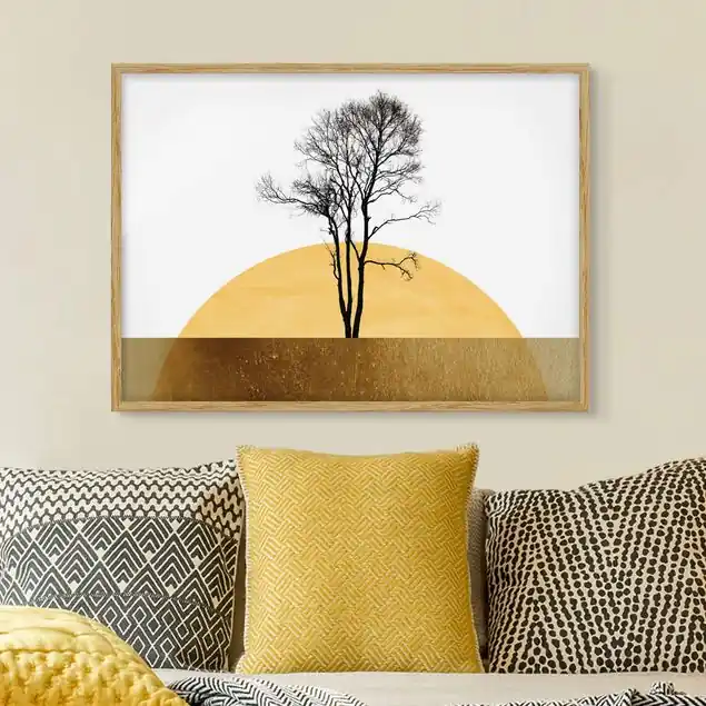 Neu Goldene Sonne mit Baum Bild mit Rahmen in Manufakturqualität • Eiche naturbelassen • inkl. Rahmung von Hand • Made in Germany