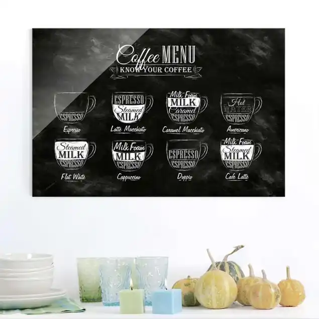 Kaffeesorten Kreidetafel Glasbild - Querformat Preis Gesenkt