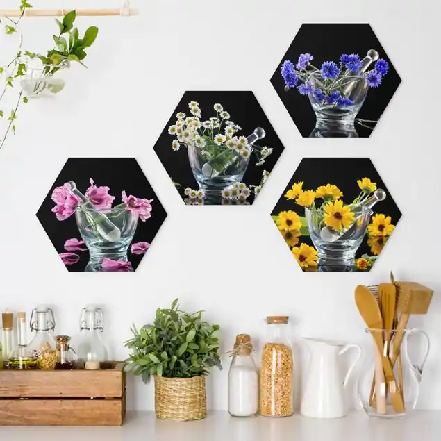 Blumen im Mörser 4-teiliges Hexagon-Forexbild Garantierte Lieferung