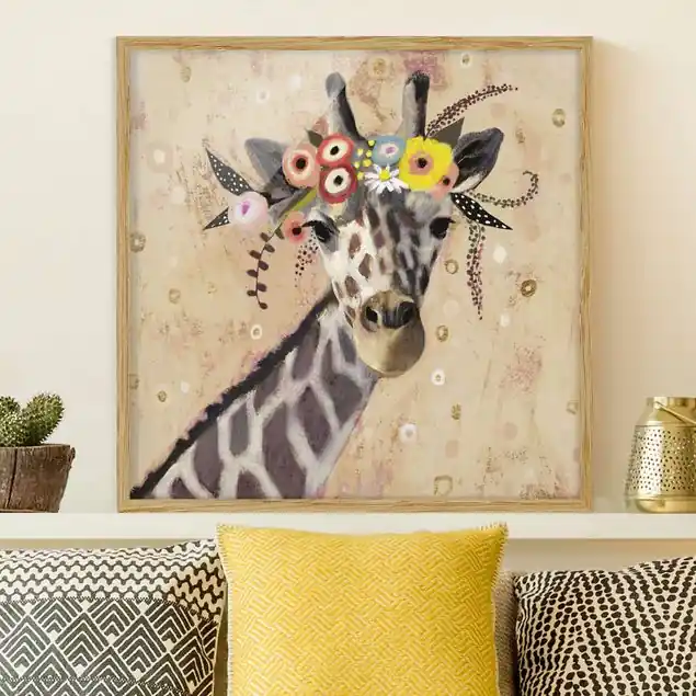 Echt Klimt Giraffe Bild mit Rahmen in Manufakturqualität • Eiche naturbelassen • inkl. Rahmung von Hand • Made in Germany
