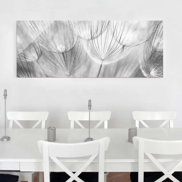 Pusteblumen Makroaufnahme in schwarz weiss Glasbild - Panorama Jetzt Kaufen