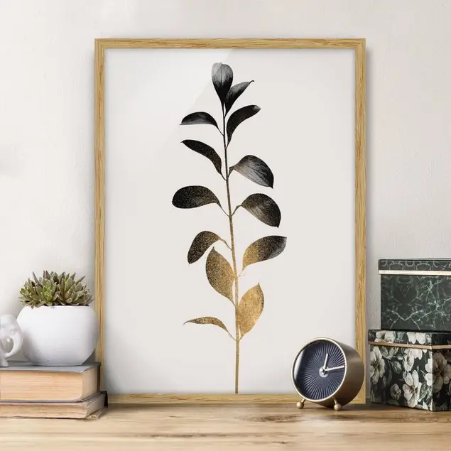 Grafische Pflanzenwelt - Gold und Grau Bild mit Rahmen in Manufakturqualität • Eiche naturbelassen • inkl. Rahmung von Hand • Made in Germany Neu Im Sortiment