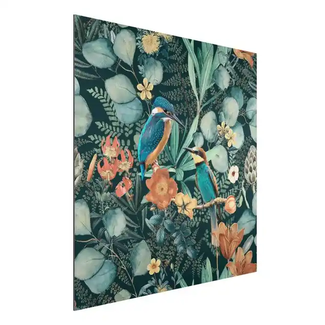 Sonderaktion Blumenparadies Eisvogel und Kolibri Alu-Dibond Outdoor Bild