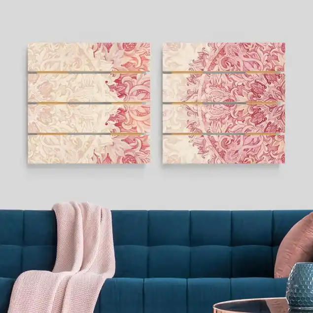 Mandala Aquarell Ornament Set beige pink 2-teiliges Holzbild Plankenoptik - Quadrat Begrenztes Angebot