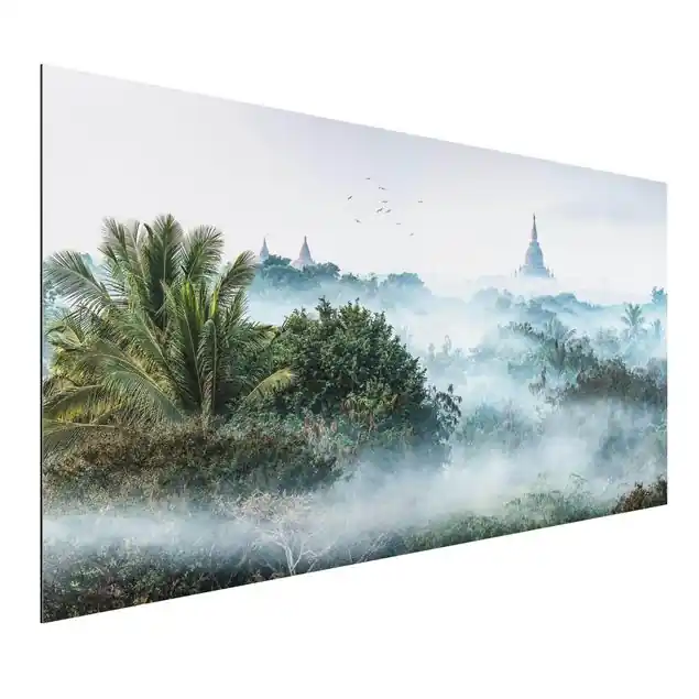 Schnäppchen Morgennebel über dem Dschungel von Bagan Alu-Dibond Outdoor Bild