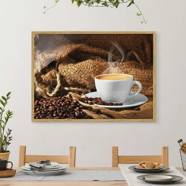 Top-Seller Kaffee am Morgen Bild mit Rahmen in Manufakturqualität • Eiche naturbelassen • inkl. Rahmung von Hand • Made in Germany