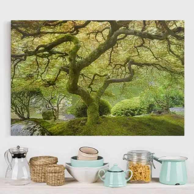 Grüner Japanischer Garten Leinwandbild • hergestellt in Deutschland • langlebiges Canvas mit Holzkeilrahmen • klassische Struktur • 260 g/m² Jetzt Bestellen