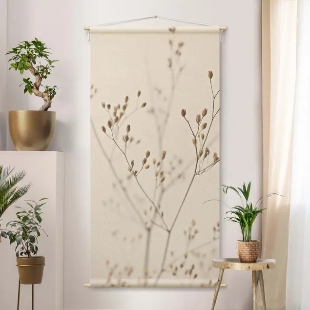 Bestseller Zarte Knospen am Wildblumenzweig Wandteppich • Handarbeit aus Deutschland • inkl. Rundhölzer & Baumwollseil • lösemittelfrei • natürliche Raumwirkung