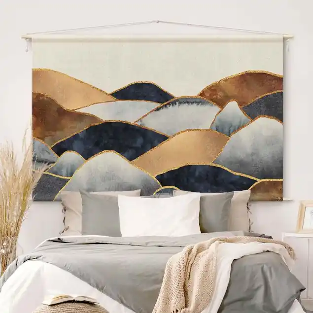 Preiswert Goldene Berge Aquarell Wandteppich • Handarbeit aus Deutschland • inkl. Rundhölzer & Baumwollseil • lösemittelfrei • natürliche Raumwirkung