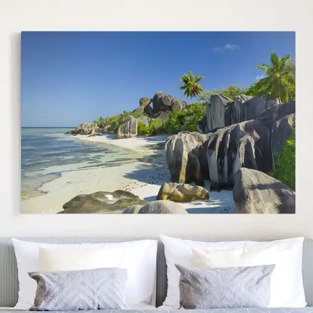 Traumstrand Seychellen Leinwandbild • hergestellt in Deutschland • langlebiges Canvas mit Holzkeilrahmen • klassische Struktur • 260 g/m² Solange Der Vorrat Reicht