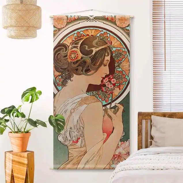 Alfons Mucha - Schlüsselblume Wandteppich • Handarbeit aus Deutschland • inkl. Rundhölzer & Baumwollseil • lösemittelfrei • natürliche Raumwirkung Super-Preis