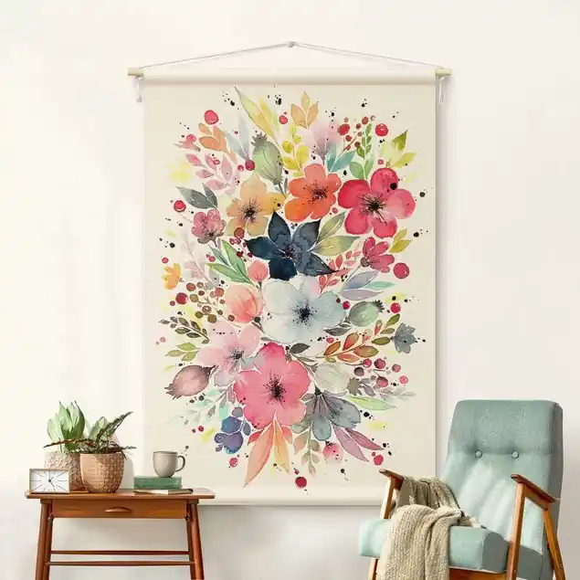 Super-Preis Esther Meinl - Farbenfrohe Aquarell Blumen Wandteppich • Handarbeit aus Deutschland • inkl. Rundhölzer & Baumwollseil • lösemittelfrei • natürliche Raumwirkung