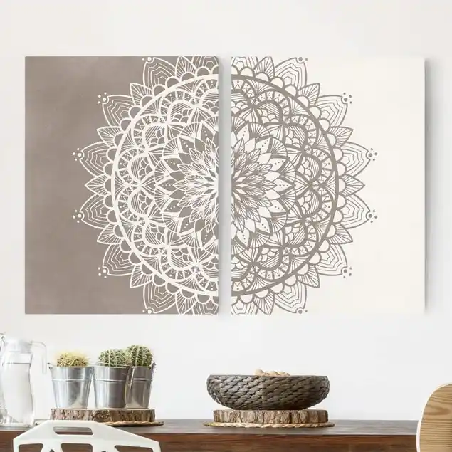 Mandala Illustration shabby Set beige weiß Leinwandbild • hergestellt in Deutschland • langlebiges Canvas mit Holzkeilrahmen • klassische Struktur • 260 g/m² Geprüft