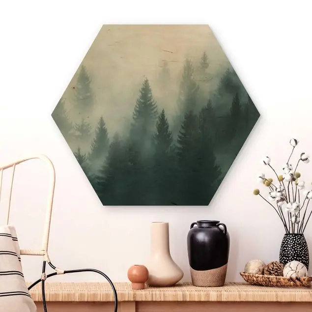 Sofort Bestellen Nadelwald im Nebel Hexagon-Holzbild