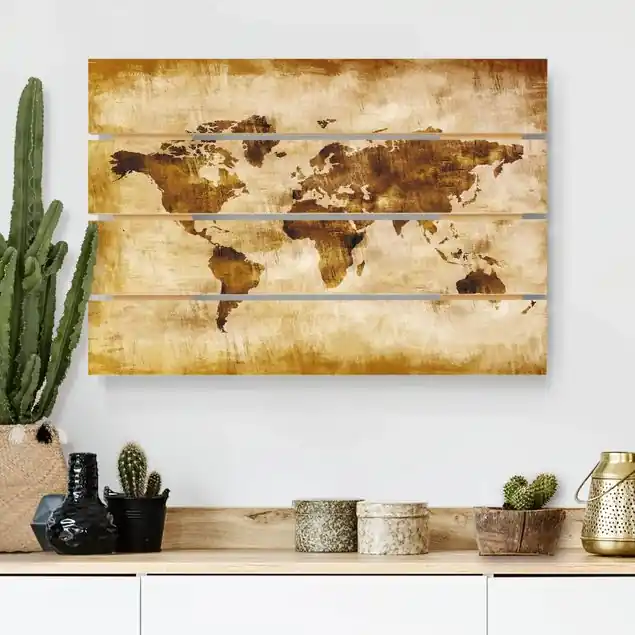 Knallerangebot No.CG75 Map of the world Holzbild Plankenoptik - Querformat